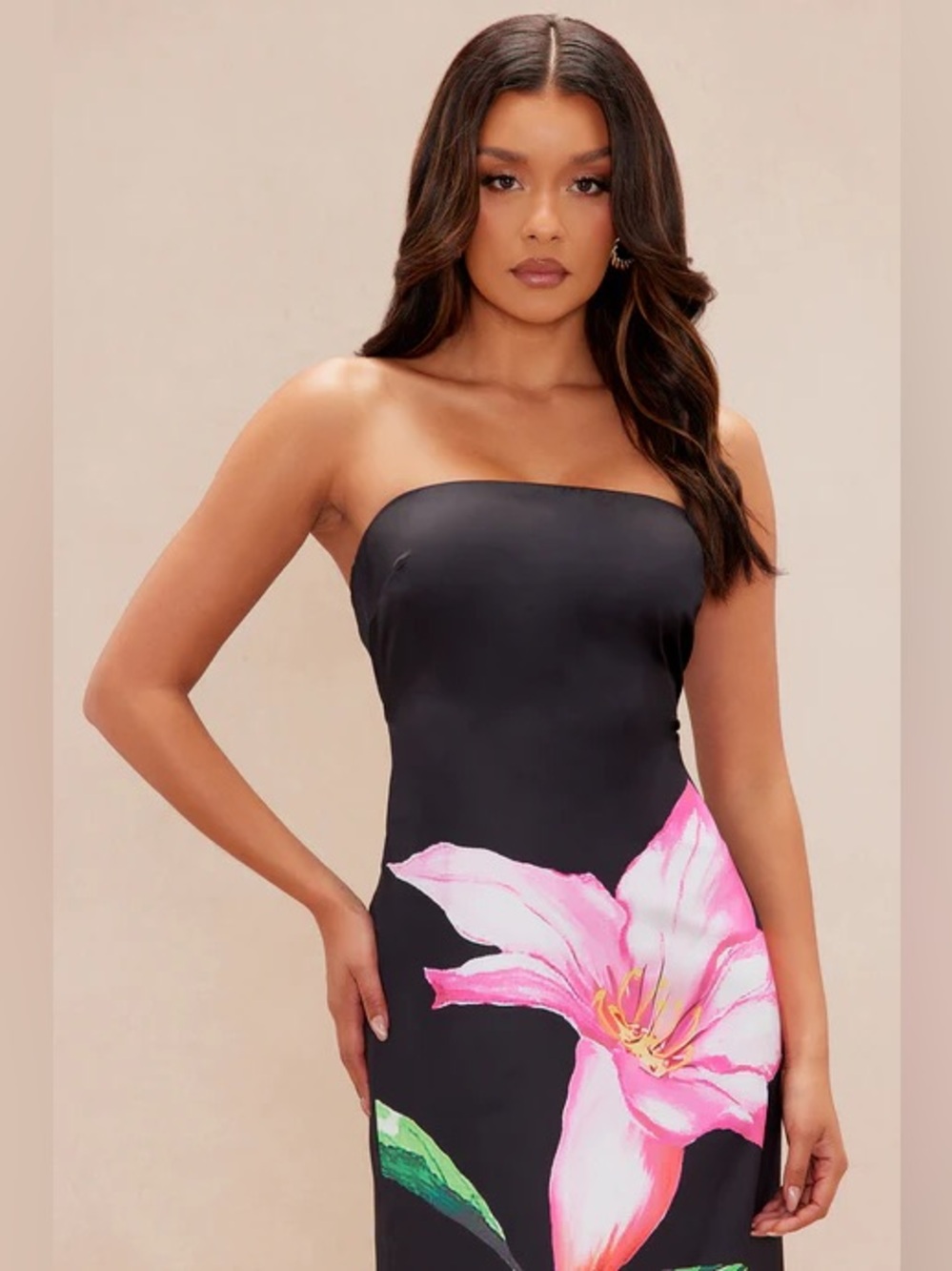 Fashion Nova Luxe Women’s Small Strapless Black Maxi Vacation Dress Pink Floral - Picture 2 of 7